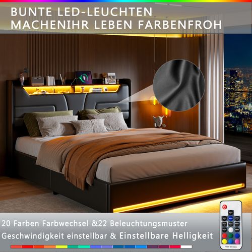 Lit Coffre 160 X 200 Cm, Avec LED Et Port USB, Lit Double Rembourré Avec Tete De Lit, Pu, Noir