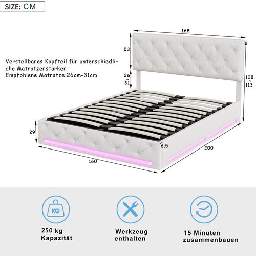 Lit 160x200cm Avec Sommier Et LED,lit Coffre Avec Rangement Et Tete De Lit,blanc