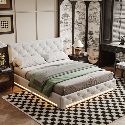 Lit 160x200cm Avec Sommier Et LED,lit Coffre Avec Rangement Et Tete De Lit,blanc