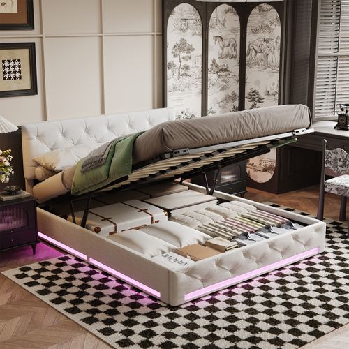 Lit 160x200cm Avec Sommier Et LED,lit Coffre Avec Rangement Et Tete De Lit,blanc