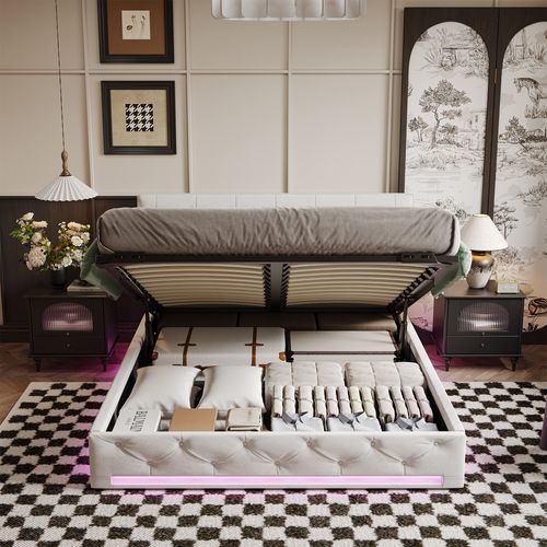 Lit 160x200cm Avec Sommier Et LED,lit Coffre Avec Rangement Et Tete De Lit,blanc