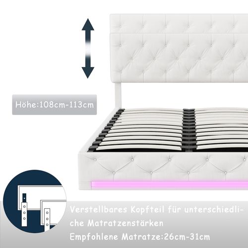 Lit 160x200cm Avec Sommier Et LED,lit Coffre Avec Rangement Et Tete De Lit,blanc