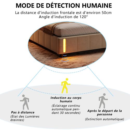 Lit 160x200cm Avec Lumière LED à Capteur Automatique,lits Capitonné Avec Rangement,velours,beige