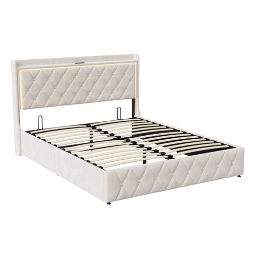 Lit Coffre 160x200 Cm Avec Sommier à Lattes, Tête De Lit Avec Port USB De Type C, LED, Velours,beige