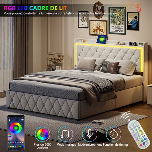 Lit Coffre 160x200 Cm Avec Sommier à Lattes, Tête De Lit Avec Port USB De Type C, LED, Velours,beige