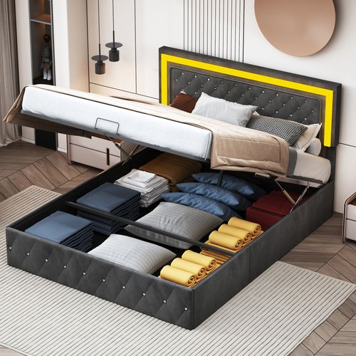 Lit Coffre 180x200 Cm Avec LED Et Rangement,lit 2 Personnes Avec Tête De Lit Réglable,velours,noir