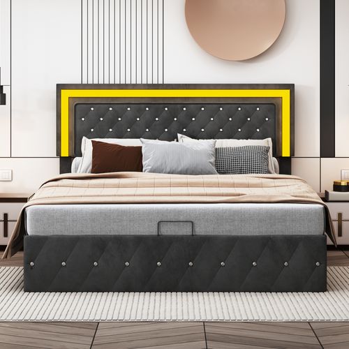Lit Coffre 180x200 Cm Avec LED Et Rangement,lit 2 Personnes Avec Tête De Lit Réglable,velours,noir