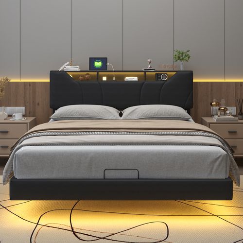 Lit Coffre Capitonné 160x200cm Avec Sommier à Lattes,cadre De Lit Flottant Avec Lumineuse LED,noir