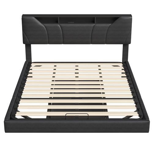 Lit Coffre Capitonné 160x200cm Avec Sommier à Lattes,cadre De Lit Flottant Avec Lumineuse LED,noir