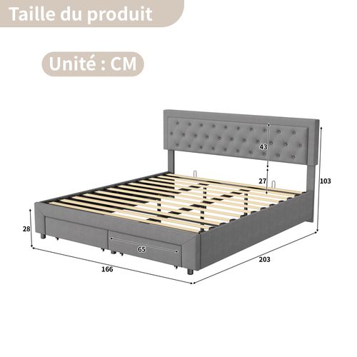 Lit Coffre 160x200 Cm Avec 2 Tiroirs, Lit Double Avec Sommier à Lattes Et Tête De Lit, Velours,gris