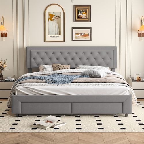 Lit Coffre 160x200 Cm Avec 2 Tiroirs, Lit Double Avec Sommier à Lattes Et Tête De Lit, Velours,gris