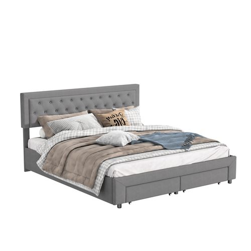 Lit Coffre 160x200 Cm Avec 2 Tiroirs, Lit Double Avec Sommier à Lattes Et Tête De Lit, Velours,gris