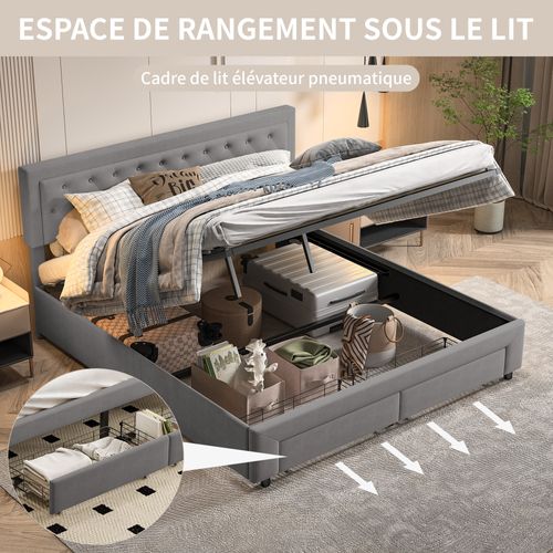 Lit Coffre 160x200 Cm Avec 2 Tiroirs, Lit Double Avec Sommier à Lattes Et Tête De Lit, Velours,gris