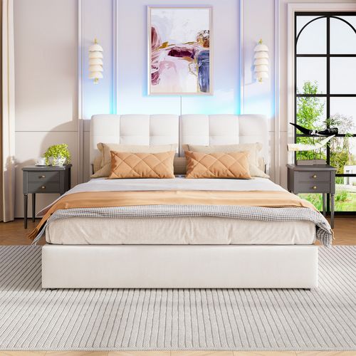 Lit Double 160 X 200 Cm, Hydraulique, LED, Lit De Rangement, Dossier Et Cadre De Lit, Velours, Beige