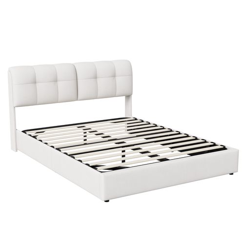 Lit Double 160 X 200 Cm, Hydraulique, LED, Lit De Rangement, Dossier Et Cadre De Lit, Velours, Beige