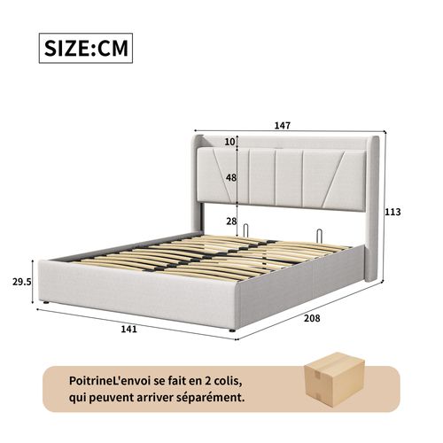 Lit Double Rembourré 140 X 200 Cm, Avec Espace De Rangement, Cadre De Lit Avec USB/type C, Beige