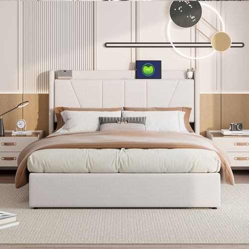 Lit Double Rembourré 160 X 200 Cm, Avec Espace De Rangement, Cadre De Lit Avec USB/type C, Beige