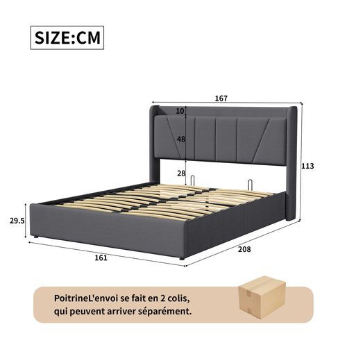 Lit Double Rembourré 160 X 200 Cm, Avec Espace De Rangement, Cadre De Lit Avec USB/type C, Gris