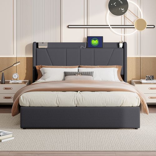 Lit Double Rembourré 160 X 200 Cm, Avec Espace De Rangement, Cadre De Lit Avec USB/type C, Gris