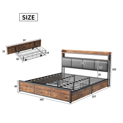 Lit Double 180x200 Cm Avec LED, 4 Tiroirs, Tête De Lit Avec Rangements, Revêtement Pu Noir