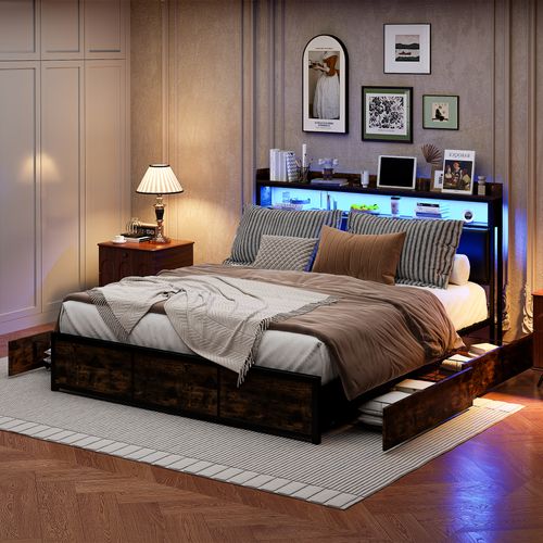 Lit Double 140x200 Cm Avec LED, 4 Tiroirs, Tête De Lit Avec Rangements, Revêtement Pu Noir