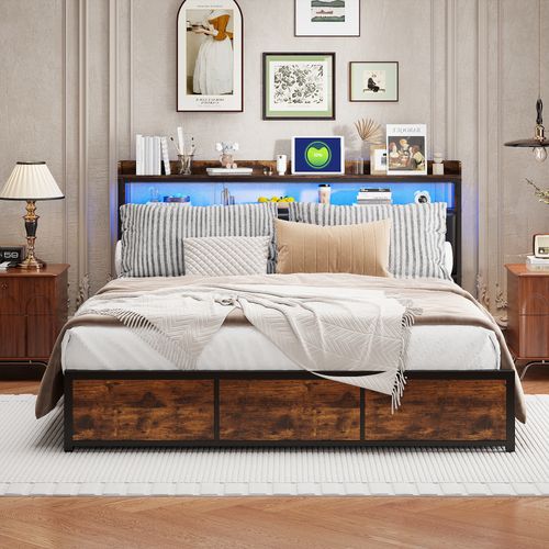 Lit Double 140x200 Cm Avec LED, 4 Tiroirs, Tête De Lit Avec Rangements, Revêtement Pu Noir