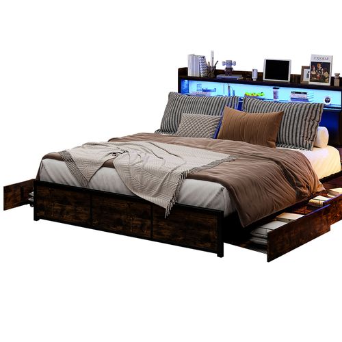 Lit Double 140x200 Cm Avec LED, 4 Tiroirs, Tête De Lit Avec Rangements, Revêtement Pu Noir