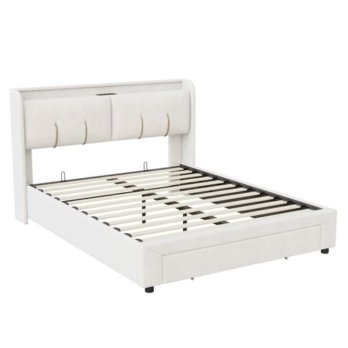 Lit Coffre 160x200 Cm Avec LED, 1 Tiroir, USB/type-c, Sommier à Lattes, Velours Blanc