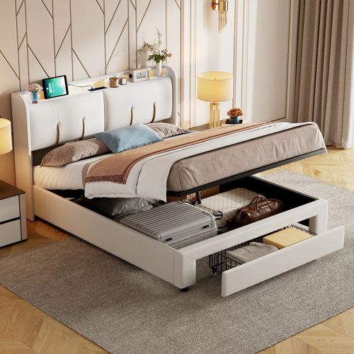 Lit Coffre 140x200 Cm Avec LED, 1 Tiroir, USB/type-c, Sommier à Lattes, Velours Blanc