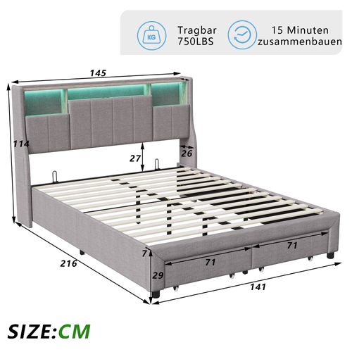 Lit Double 140x200 Cm , 2 Tiroirs Et Rangement Tête De Lit, LED Et Recharge USB, Lin Gris.