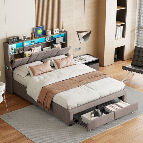 Lit Double 140x200 Cm , 2 Tiroirs Et Rangement Tête De Lit, LED Et Recharge USB, Lin Gris.