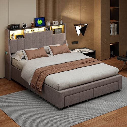 Lit Double 140x200 Cm , 2 Tiroirs Et Rangement Tête De Lit, LED Et Recharge USB, Lin Gris.