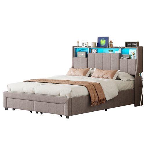 Lit Double 140x200 Cm , 2 Tiroirs Et Rangement Tête De Lit, LED Et Recharge USB, Lin Gris.