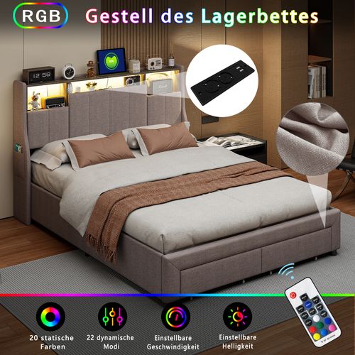 Lit Double 140x200 Cm , 2 Tiroirs Et Rangement Tête De Lit, LED Et Recharge USB, Lin Gris.