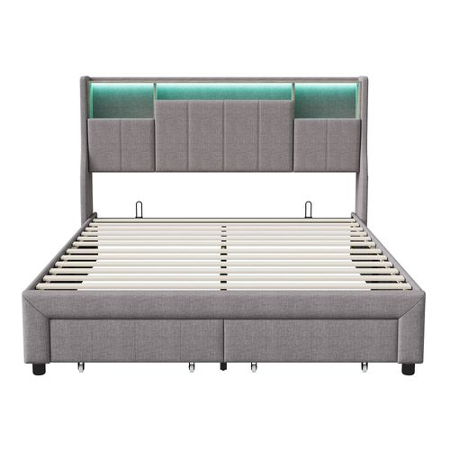 Lit Double 160x200 Cm , 2 Tiroirs Et Rangement Tête De Lit, LED Et Recharge USB, Lin Gris.