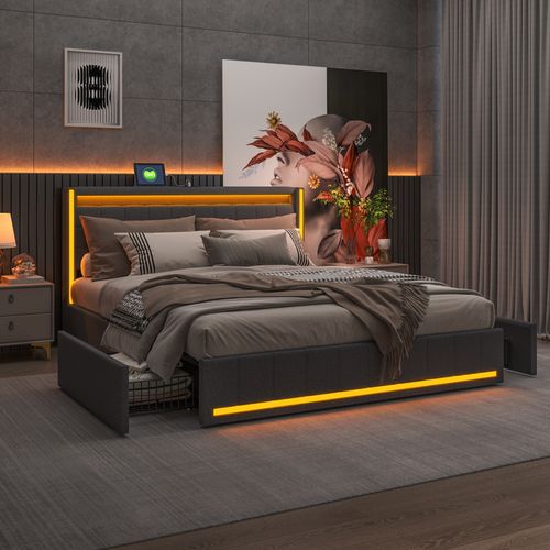 Lit Double 140x200 Cm Gris, LED, USB, 4 Tiroirs Métal, En Lin, Pratique Et Moderne Pour Adulte