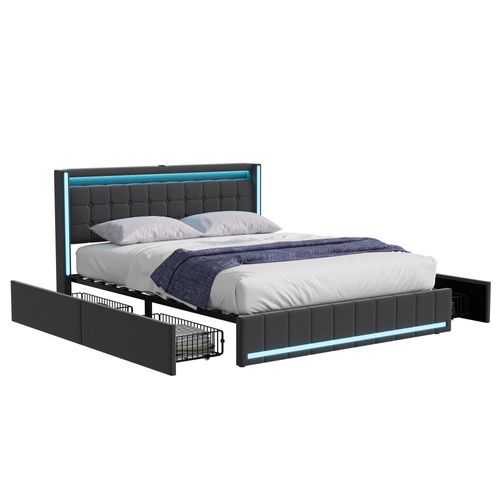 Lit Double 140x200 Cm Gris, LED, USB, 4 Tiroirs Métal, En Lin, Pratique Et Moderne Pour Adulte