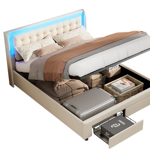 Lit Double 140x190 Cm Rembourré Avec LED, 2 Tiroir Et Coffre, Style Chesterfield, Velours Chic