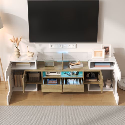 Meuble TV L145 Cm – Blanc Brillant, LED Intégrée, Surface En Verre, Design Moderne Pour Salon