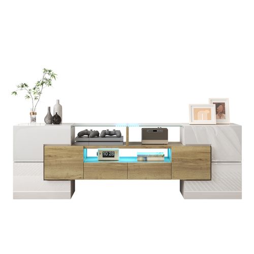 Meuble TV L145 Cm – Blanc Brillant, LED Intégrée, Surface En Verre, Design Moderne Pour Salon