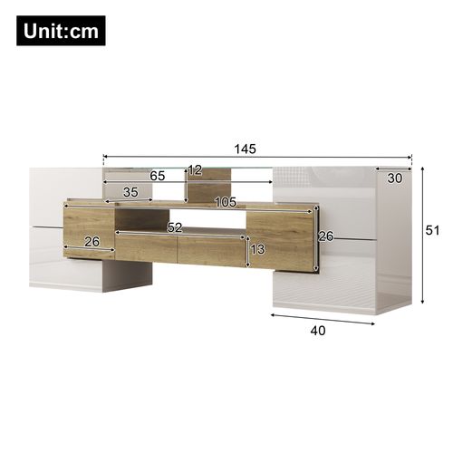 Meuble TV L145 Cm – Blanc Brillant, LED Intégrée, Surface En Verre, Design Moderne Pour Salon