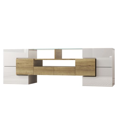 Meuble TV L145 Cm – Blanc Brillant, LED Intégrée, Surface En Verre, Design Moderne Pour Salon