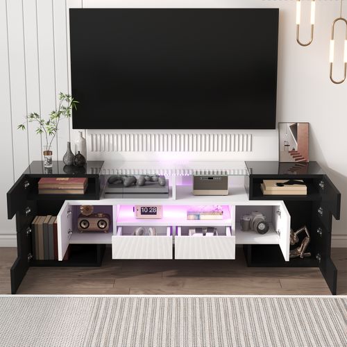 Meuble TV L145 Cm – Blanc Brillant, Surface En Verre, LED Intégrée, Design Moderne Pour Salon