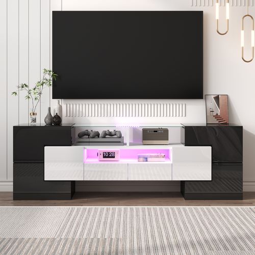 Meuble TV L145 Cm – Blanc Brillant, Surface En Verre, LED Intégrée, Design Moderne Pour Salon