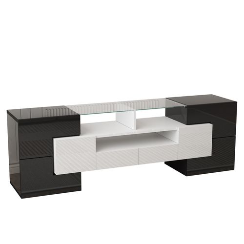 Meuble TV L145 Cm – Blanc Brillant, Surface En Verre, LED Intégrée, Design Moderne Pour Salon