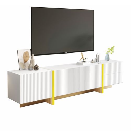 Meuble TV Moderne 190 Cm, 2 Tiroirs, 3 Portes, Finition Laquée Blanc, Design Épuré Et Élégant