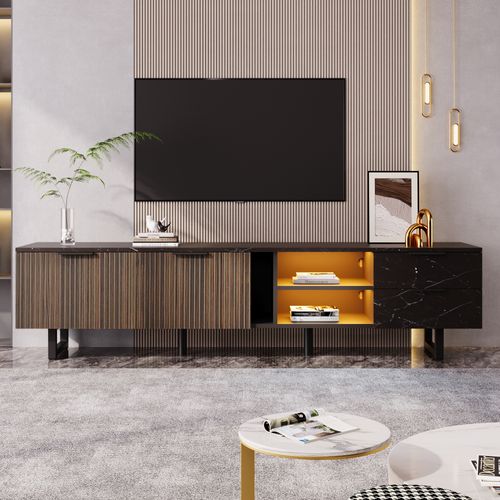 Meuble TV 200 Cm Marbre Noir, Bois Foncé, LED Orientables Et Rangement Pratique