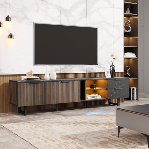 Meuble TV 200 Cm Marbre Noir, Bois Foncé, LED Orientables Et Rangement Pratique