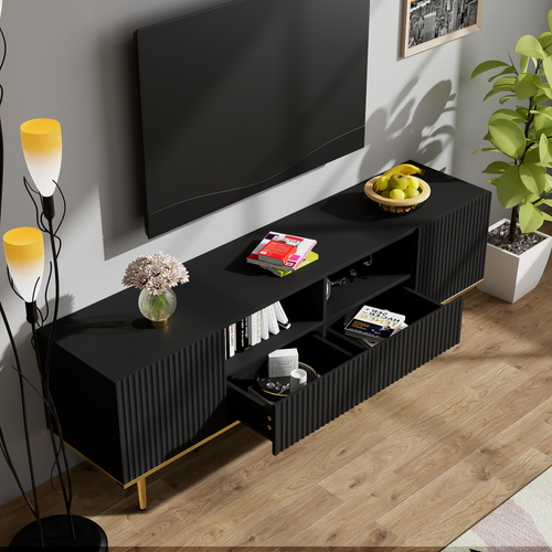 Meuble TV Moderne 165 X 36 X 55 Cm, Bas Avec Pieds Et Bord Dorés, Design Épuré En Noir