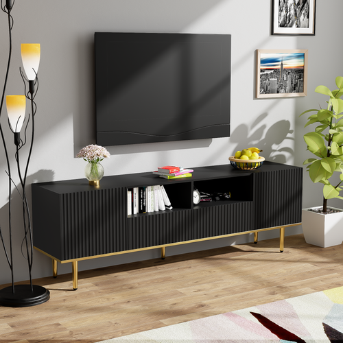 Meuble TV Moderne 165 X 36 X 55 Cm, Bas Avec Pieds Et Bord Dorés, Design Épuré En Noir